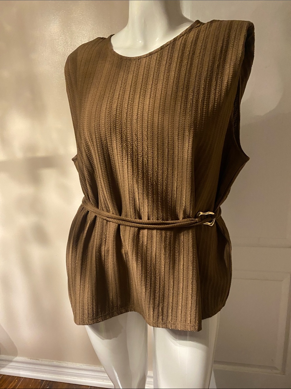 Women’s Brown Ribbed Sleeveless Belted Top